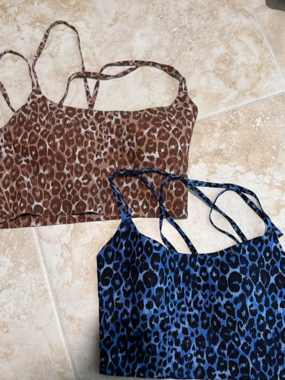 Women's Leopard Print Strappy Crop Top sports bras - Brown and Blue